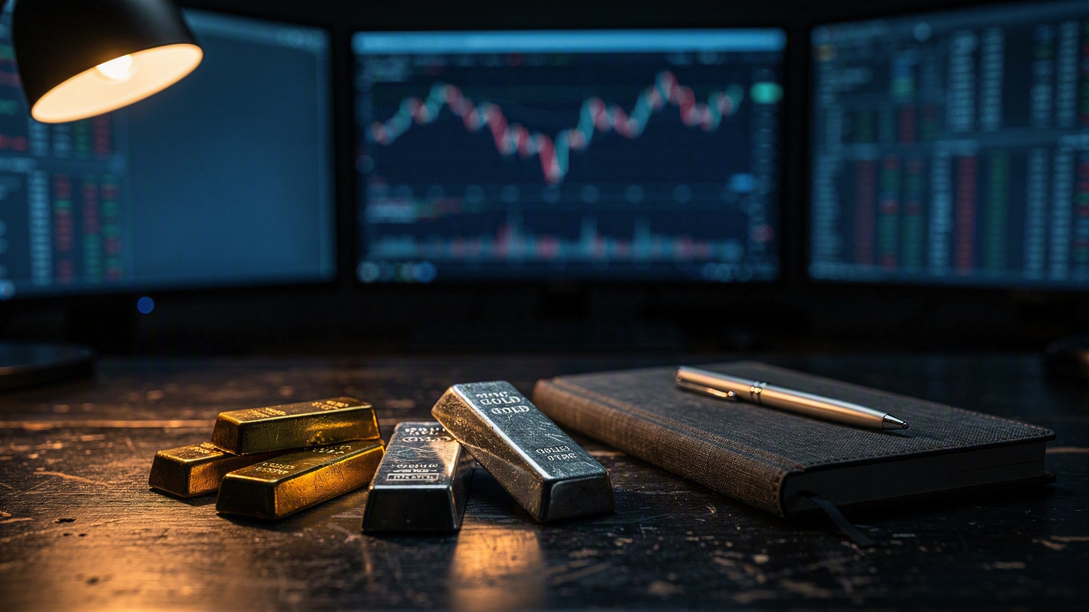 Gold and silver bars on a trading desk with charts on screen behind