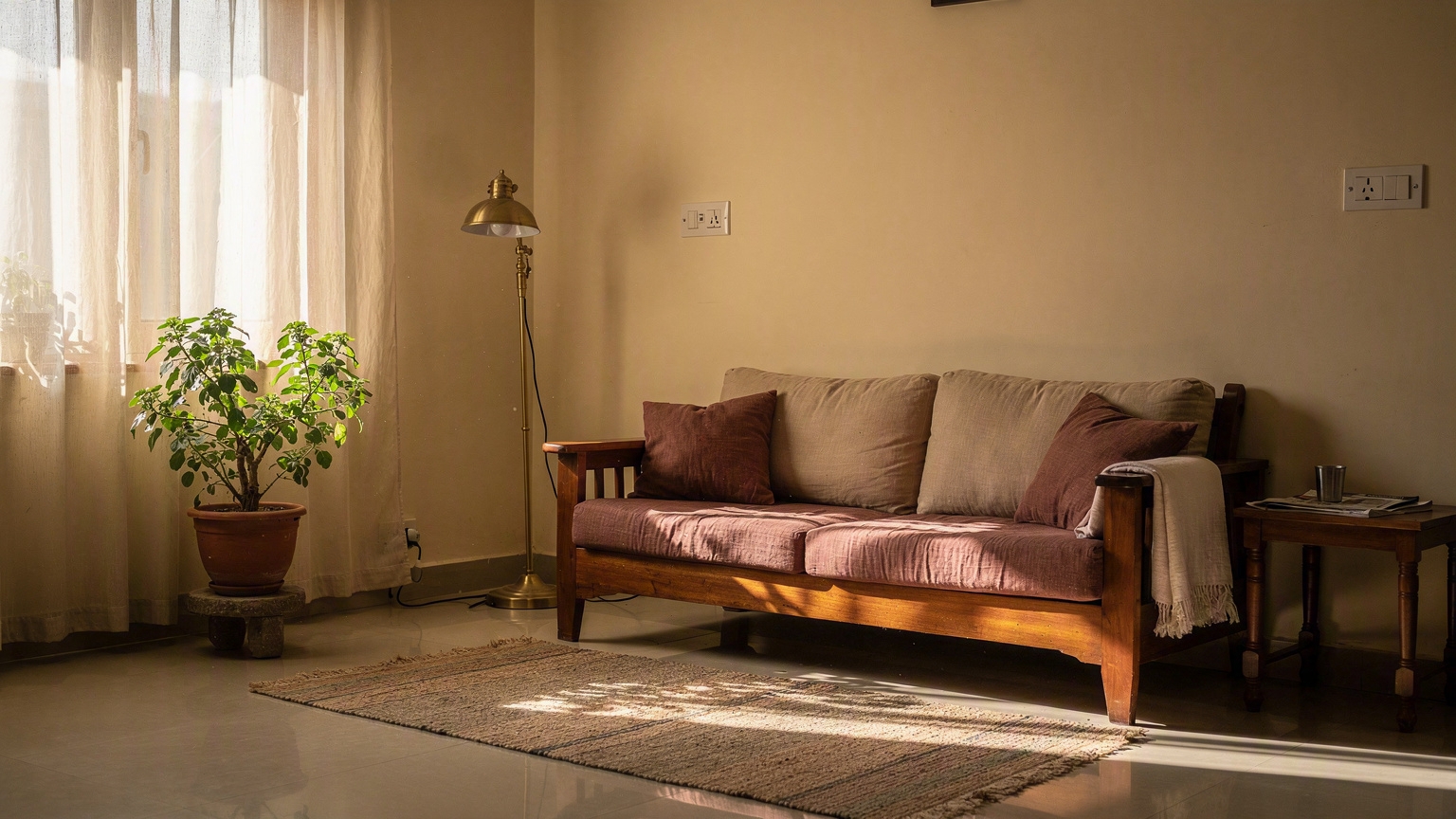 A calm, well-kept Indian living room in morning light